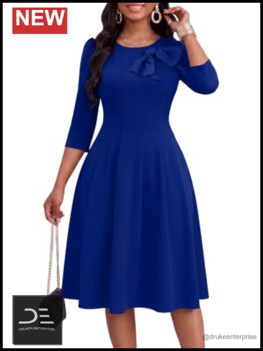 Elegant Midi Dress 3/4 Sleeve Bow A-Line with Pockets Semi Formal